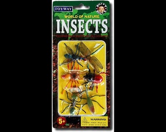 May include: A package of plastic insect toys. The package is yellow and green with the words "World of Nature Insects" on it. The insects are a dragonfly, a spider, a beetle, and an ant.