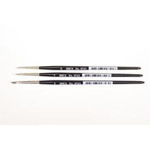 May include: Three black paint brushes with silver ferrules and long, thin bristles are arranged horizontally against a white background. Each brush has a label with black text and a barcode. The brushes are of varying sizes.