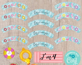 Pool Floatie Party Cupcake Toppers and Wrappers Printable - Editable INSTANT DOWNLOAD