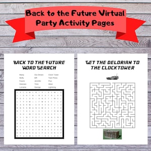 Pode incluir: Páginas de atividades imprimíveis em preto e branco com um tema de De Volta para o Futuro com uma busca de palavras e um labirinto. A busca de palavras inclui palavras como Marty, Doc Brown, Delorian e Flux. O labirinto apresenta uma máquina do tempo DeLorean e uma torre do relógio.