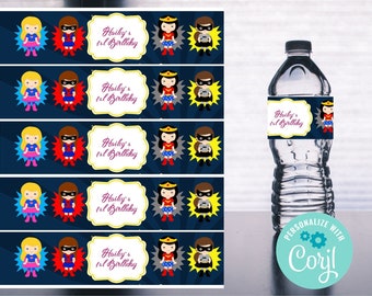 Super Girls Party Water Bottle Label Printable - Editable INSTANT DOWNLOAD