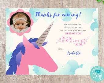 Unicorn Photo Birthday Thank You Card - Editable INSTANT DOWNLOAD
