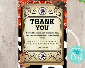 May include: A rustic-style thank you card with a cowboy hat, boots, and stars. The text reads "Thank You" and "I love the cake and presents too, but the very best part was seeing you! Thank you for making my birthday so special! Love, Tyler".