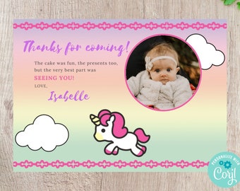 Baby Unicorn Photo Birthday Thank You Card - Editable INSTANT DOWNLOAD