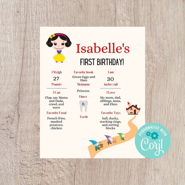 Snow White 1st Birthday Milestone Poster Printable - Editable INSTANT DOWNLOAD