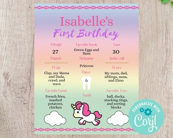 Bebé unicornio 1er cumpleaños hito cartel imprimible - DESCARGA INSTANTÁNEA editable