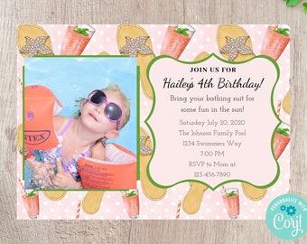 May include: A pink and white invitation with a green border and a photo of a girl in a pool. The invitation says "Join us for Hailey's 4th Birthday!" and includes details about the party, including the date, time, and location. The invitation also includes the text "Personalize with Corjl!"