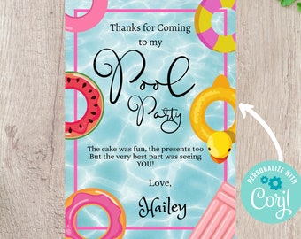 Pool Floatie Vertical Birthday Thank You Card - Fully Editable INSTANT DOWNLOAD