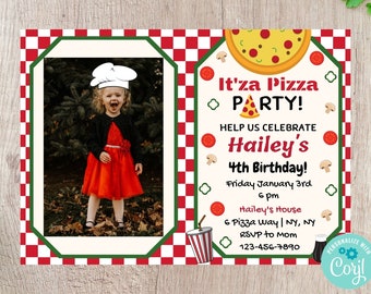May include: A red and white checkered background with a green border. A photo of a young girl wearing a chef's hat is in the upper left corner. The text "It'za Pizza Party!" is in the upper right corner. The text "Help us celebrate Hailey's 4th Birthday!" is below the pizza. The text "Friday January 3rd 6 pm" is below the birthday text. The text "Hailey's House 6 Pizza Way | NY, NY RSVP to mom 123-456-7890" is below the time. The text "PERSONALIZE WITH Corj!" is in the lower right corner.