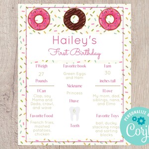 Donut 1st Birthday Milestone Poster Printable - Editable INSTANT DOWNLOAD