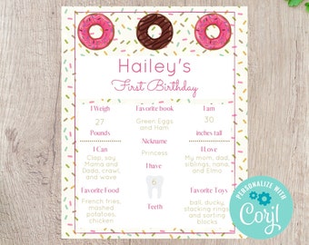 Cartel del hito del 1er cumpleaños de Donut imprimible - DESCARGA INSTANTÁNEA editable