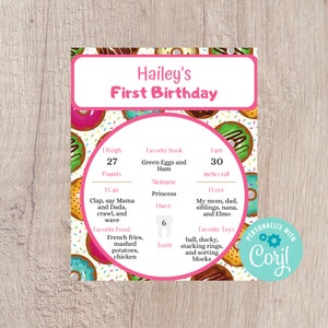 Donuts 1st Birthday Milestone Poster Printable - Editable INSTANT DOWNLOAD