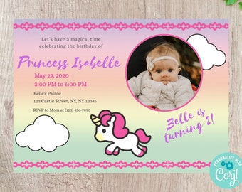 Baby Unicorn Photo Birthday Invitation - Editable INSTANT DOWNLOAD