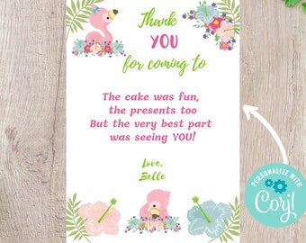 Baby Flamingo Summer Vertical Birthday Thank You Card - Fully Editable INSTANT DOWNLOAD