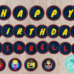 Super Girls Party Happy Birthday Banner Printable - Editable INSTANT DOWNLOAD