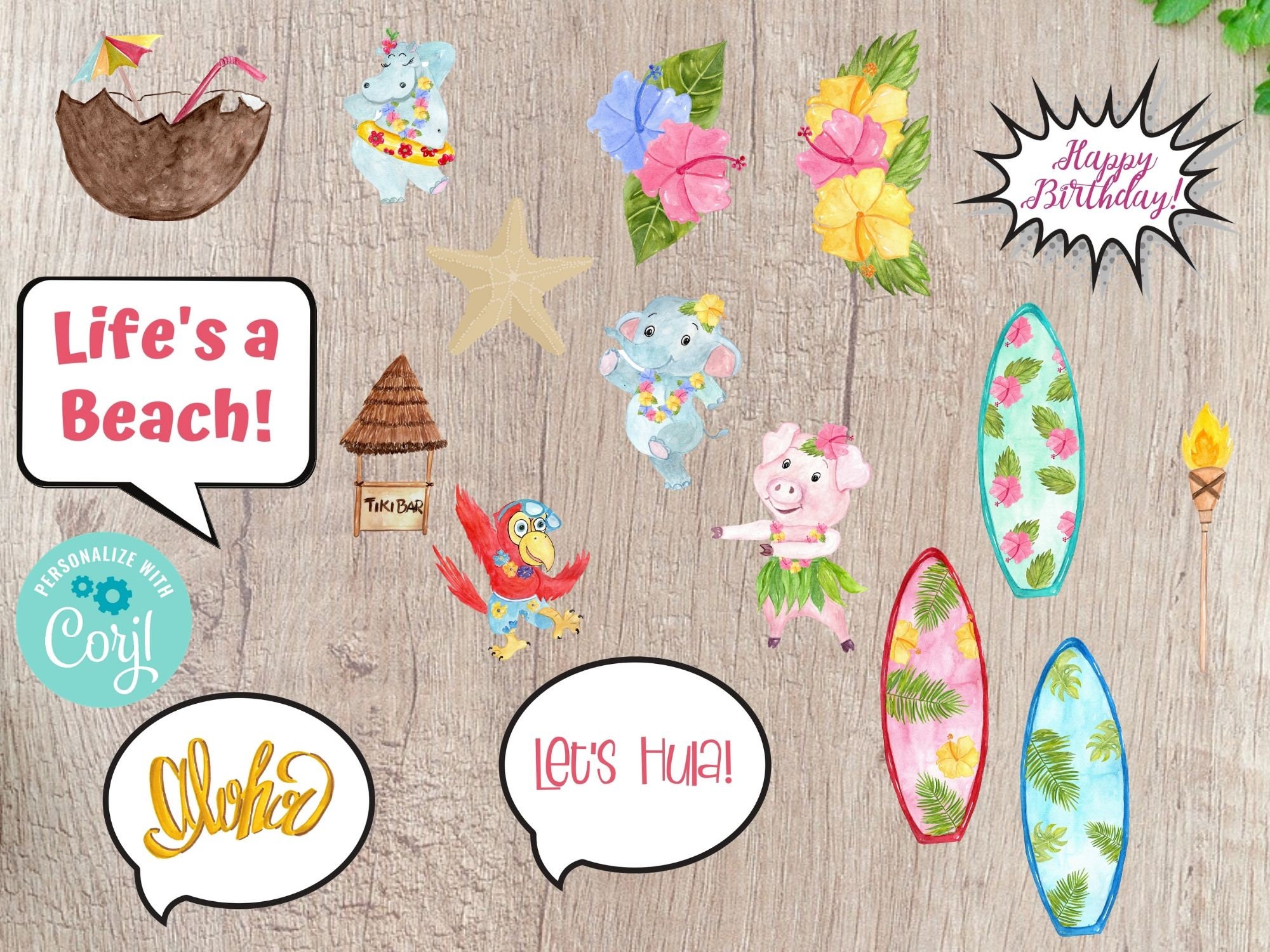 Luau Party Photo Props Printable Editable INSTANT DOWNLOAD