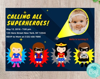 Superhero Girls Photo Birthday Invitation - Editable INSTANT DOWNLOAD