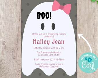 Boo! Girls Halloween Birthday Party Vertical Invitation - Editable INSTANT DOWNLOAD