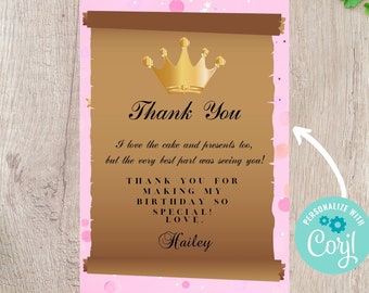 Pink Princess Party Vertical Thank You Card - Editable INSTANT DOWNLOAD