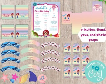 Peut inclure: Un ensemble de décorations de fête sur le thème de la sirène imprimables pour un premier anniversaire. L'ensemble comprend des décorations de cupcakes, des étiquettes de faveur, une bannière d'anniversaire et un accessoire de photomaton. Les couleurs sont rose, bleu et vert.