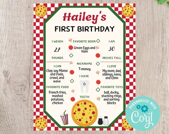 May include: A red and white checkered background with a green border. A pizza-themed first birthday sign for a child named Hailey. The sign includes details like weight, height, favorite book, nickname, favorite food, favorite toys, and what the child can do. The sign also includes a pizza graphic and a red and white checkered background.
