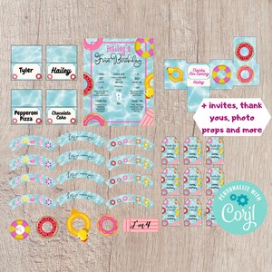 Pool Floatie Party Bundle Printable - Editable INSTANT DOWNLOAD - Invitation, Thank You, Cupcake Wrapper, Banner, Favor Box, Plus