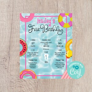 Puede incluir: Un cartel de primer cumpleaños azul y rosa con temática de piscina. El cartel incluye el nombre Hailey, la edad 1, el peso 27 libras, la altura 30 pulgadas, las comidas favoritas, el libro favorito, los juguetes favoritos y un diente. El cartel está personalizado con el nombre Coryl.