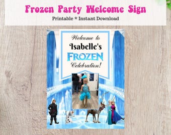 Letrero de bienvenida para fiesta de cumpleaños de Frozen con foto imprimible - Descarga instantánea editable