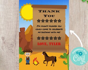 May include: A western-themed birthday party invitation with a cartoon cowboy, horse, and campfire. The invitation features a scroll with the text "THANK YOU" and a message, along with the name "TYLER". The background depicts a desert scene.