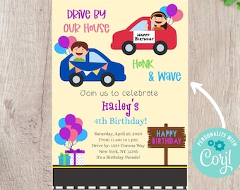 May include: A birthday party invitation with a light yellow background. The design features two cartoon cars, one red and one blue, with children inside. Text includes "Drive By Our House," "Honk & Wave," and "Happy Birthday."