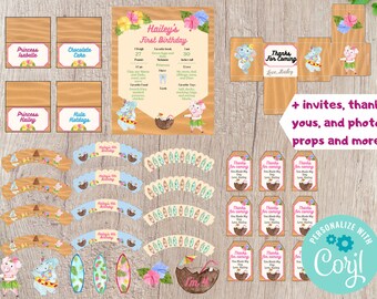 Luau Party Bundle stampabile - DOWNLOAD immediato modificabile - Invito, ringraziamento, involucro di cupcake, banner, etichette di favore e altro ancora