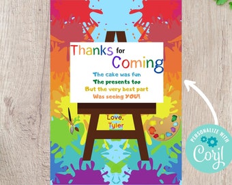 Artist Party Vertical Thank You Card - Editable INSTANT DOWNLOAD