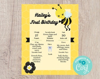 Bee-Day Party 1st Birthday Milestone Poster Printable - Editable INSTANT DOWNLOAD