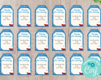 May include: Set of 18 blue and white favor tags with a red and white fishing bobber design. The tags say "Thanks for coming You Made My Day Love, Tyler".