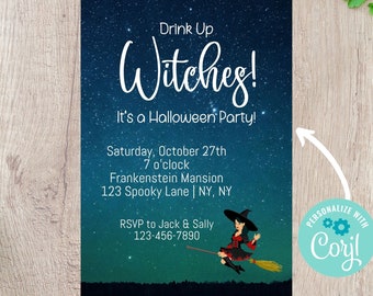 Drink Up Witches Halloween Party Vertical Invitation - Editable INSTANT DOWNLOAD - Adult Halloween Party