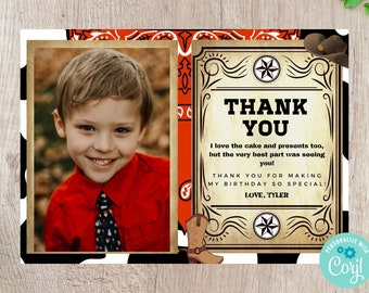 May include: A cowboy-themed thank you card featuring a boy's photo in a red shirt and patterned tie. The card includes the text "THANK YOU" and a message, with a cowhide and bandana border.