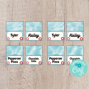 May include: Eight blue and white pool-themed place cards with donut-shaped placeholders. The cards are labeled with the names Tyler and Hailey and the food options Pepperoni Pizza and Chocolate Cake.