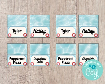 Pool Float Party Place Cards - Food Cards Printable - Editable INSTANT DOWNLOAD