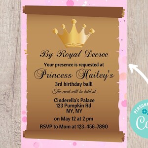 Pink Princess Party Vertical Invitation - Editable INSTANT DOWNLOAD