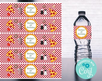 May include: Five printable water bottle labels with a red and white checkered background. The labels feature a pizza slice, a cup of soda, salt and pepper shakers, and the text "Hailey's 1st Birthday".