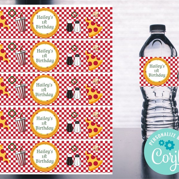 Pizza Party Water Bottle Label Printable - Editable INSTANT DOWNLOAD