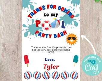 Splish Splash Pool Vertical Birthday Thank You Card - Fully Editable INSTANT DOWNLOAD