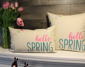 Hello Spring Pillow Cover: Natural Canvas with Banner