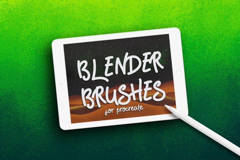 Puede incluir: Una tableta blanca con una pantalla negra que muestra el texto "Blender Brushes for Procreate" en blanco sobre un fondo de cielo nocturno estrellado y un paisaje des&eacute;rtico.