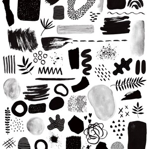 May include: A collection of black and white abstract shapes, lines, and patterns. The shapes include circles, squares, rectangles, and free-form shapes. The lines are straight, wavy, and jagged. The patterns include dots, stripes, and swirls.