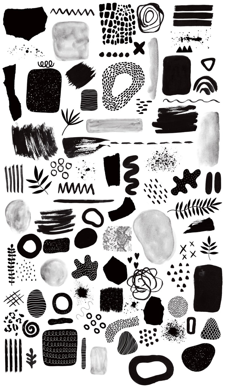 May include: A collection of black and white abstract shapes, lines, and patterns. The shapes include circles, squares, rectangles, and free-form shapes. The lines are straight, wavy, and jagged. The patterns include dots, stripes, and swirls.