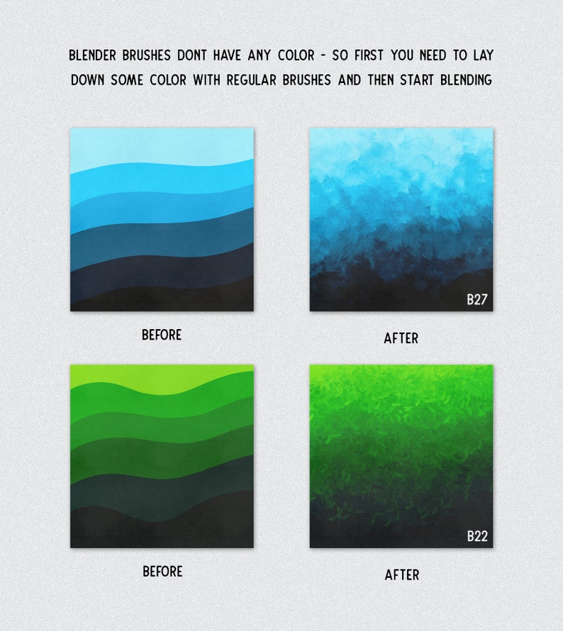 Puede incluir: Dos ejemplos de c&oacute;mo usar un pincel mezclador en el arte digital. La imagen superior muestra un degradado azul y negro antes y despu&eacute;s de mezclar. La imagen inferior muestra un degradado verde y negro antes y despu&eacute;s de mezclar.
