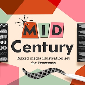 Pinceles de Procreate de mediados de siglo: Delineadores divertidos, texturas, pinceles de sellos atómicos + lienzos de papel retro