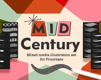 Mid Century Procreate Brushes: Fun Liners, Textures, Atomic Stamp brushes + Retro Paper canvases