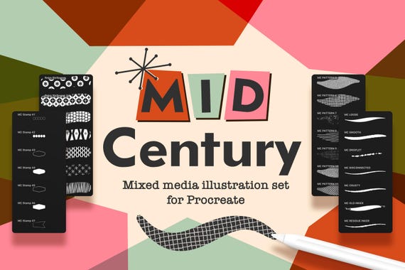 Mid Century Procreate Brushes: Fun Liners, Textures, Atomic Stamp brushes + Retro Paper canvases